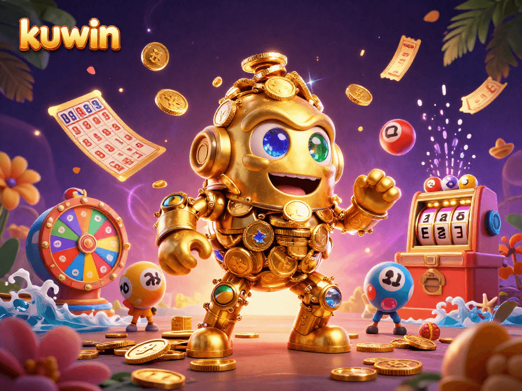 Spin, win, and discover the magic of kuwin with vibrant lottery balls and a golden golem.