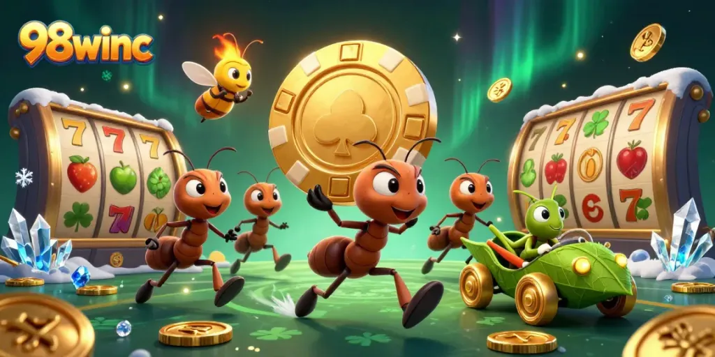 Experience thrilling gameplay at 98winc with animated casino heist featuring ants and vibrant slots.