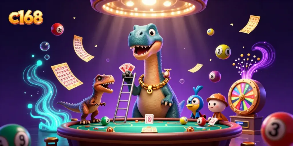 Engage with the vibrant world of c168, showcasing a whimsical casino atmosphere filled with thrilling lottery action.