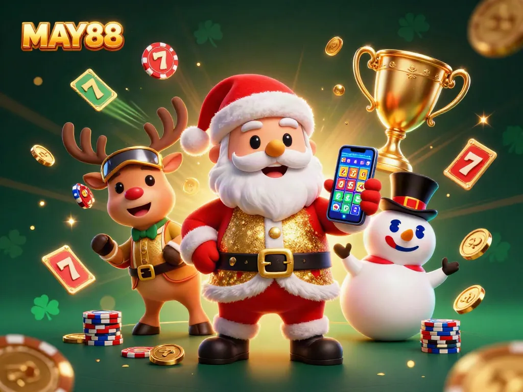 Spin the slots with MAY88's vibrant 3D cartoon casino illustration featuring Santa and friends!