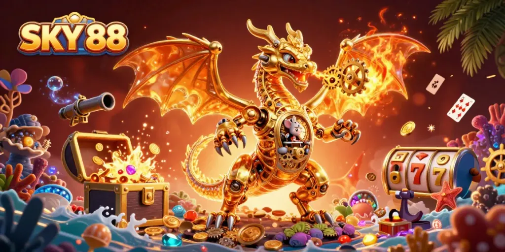 Engage with slot games and jackpots at SKY 88 in a vibrant 3D scene filled with treasures.