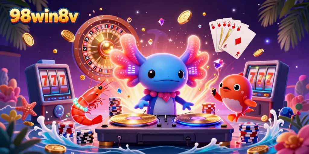 Celebrate thrilling wins with 98win8v's dynamic casino illustration featuring lively characters and games.