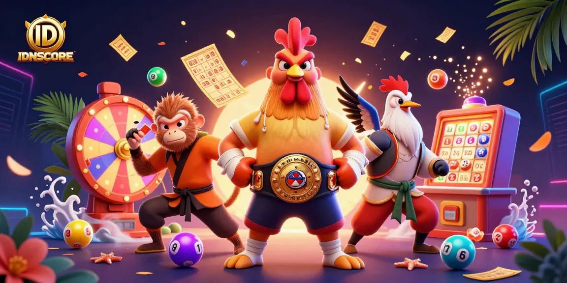 Engage with IDNSCORE's dynamic lottery scene featuring vibrant characters and exciting game elements.