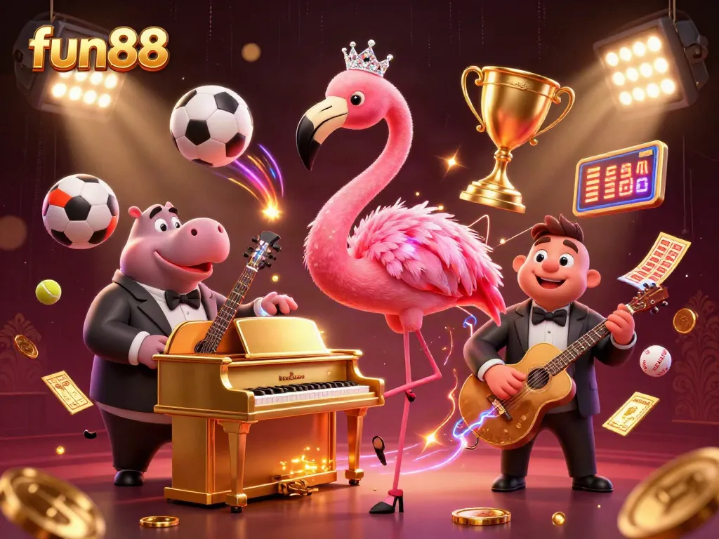 Fun88 players enjoy online casino games with vivid characters and dynamic elements in a vibrant scene.