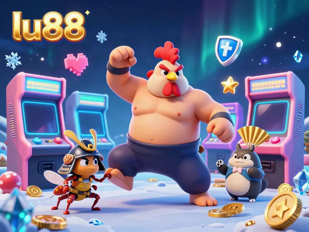 Engage with top gaming strategies at lu88, featuring dynamic 3D illustration of characters and golden gaming elements.
