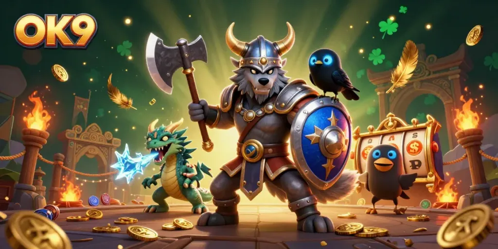 Engage with OK9's thrilling gaming world, featuring a Viking wolf warrior in action surrounded by vibrant casino elements.