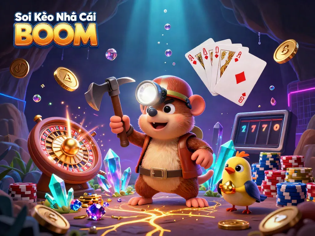 Soi Kèo Nhà Cái BOOM illustrated scene with treasure hunter mole and canary in a vibrant casino cave.
