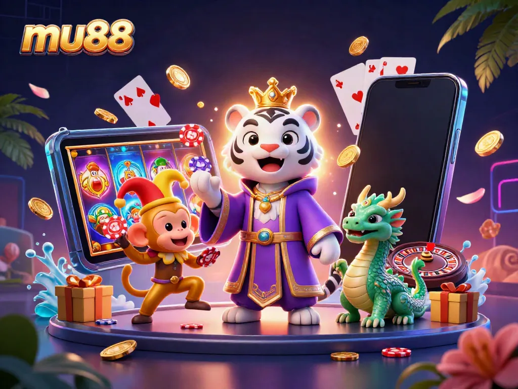 Experience mu88's enchanting casino adventure with a tiger, monkey, and dragon in a vibrant scene.