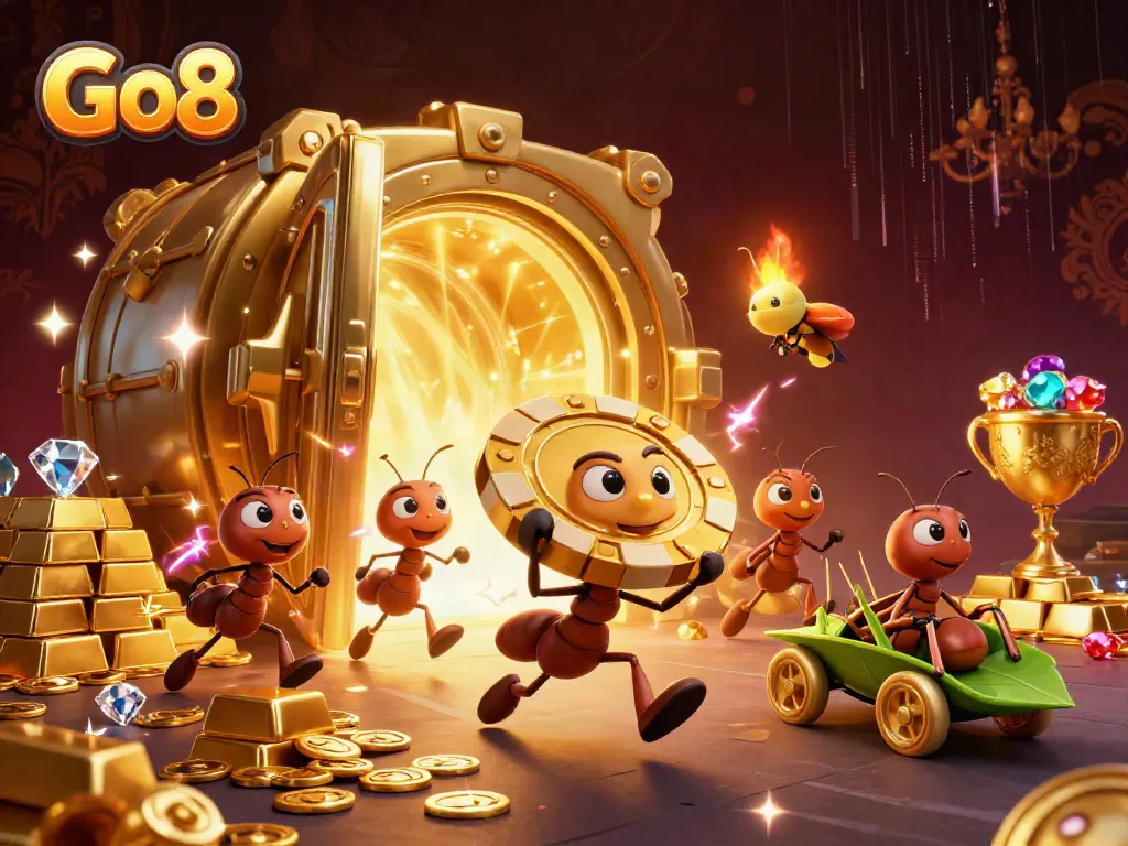 Go8 heist illustrated by a team of ants carrying a giant poker chip, surrounded by treasure.