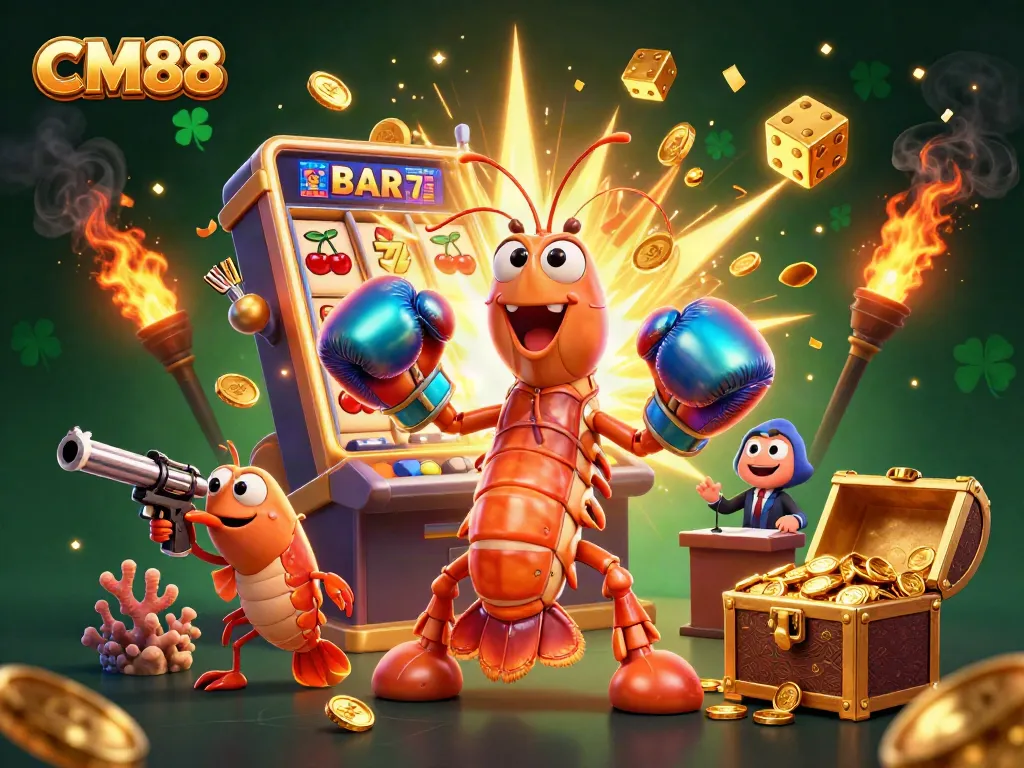 Experience the thrill of CM88 with vibrant colors and shimmering jackpot elements in a dynamic casino scene.