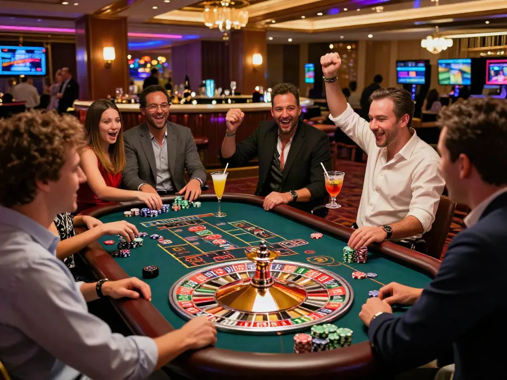 Players enjoying the thrill of Casinos Sans depots at a lively roulette table, capturing excitement and engagement.