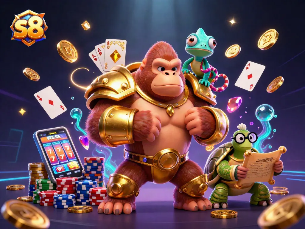 Engage with the exciting s8 gaming scene featuring a powerful gorilla king, vibrant casino elements, and a wise tortoise elder.