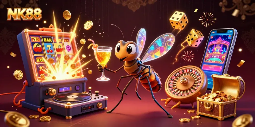 Experience thrilling casino action with NK88 in this dynamic 3D illustration featuring energetic game elements.