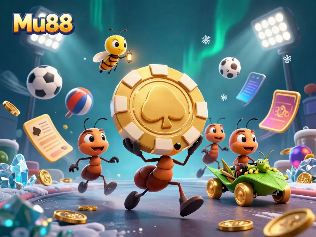 Mu88 ants heist scene with golden poker chip and sports elements in a dynamic casino setting