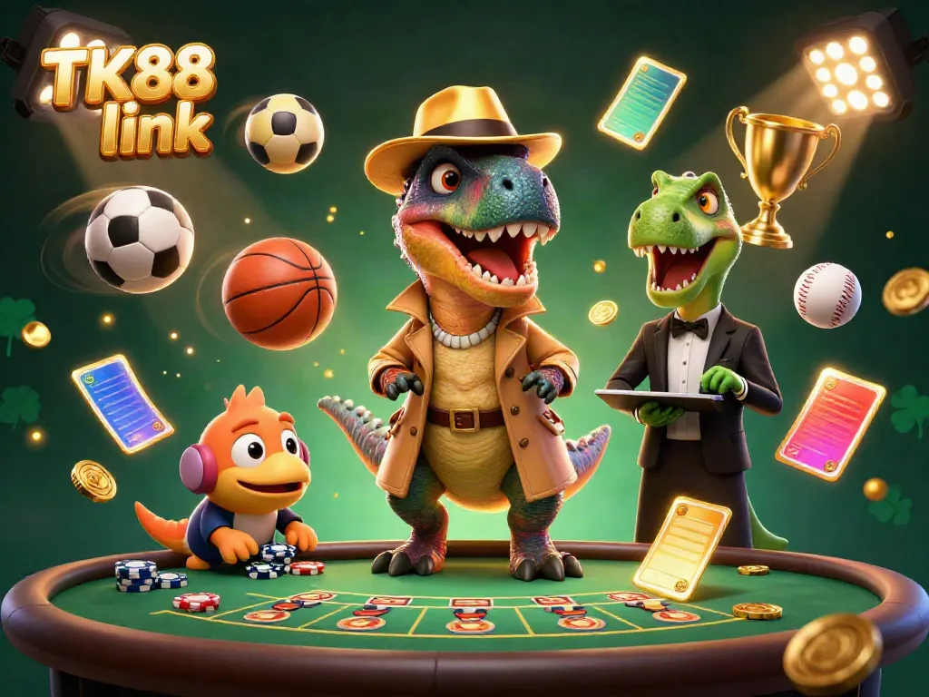 Experience the thrill of gambling at TK88 link with a playful velociraptor and a stegosaurus pit boss in an exciting scene.