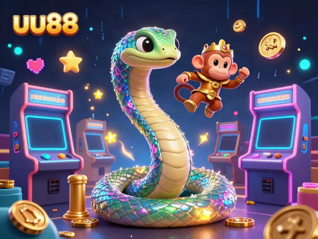Experience the vibrant world of uu88 gaming with a dynamic 3D scene of a rainbow serpent and playful monkey king.