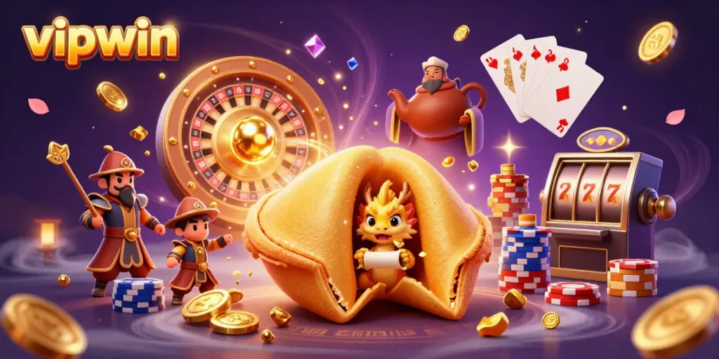 Experience the thrilling games at vipwin with a vibrant 3D casino scene showcasing golden rewards and lucky symbols.