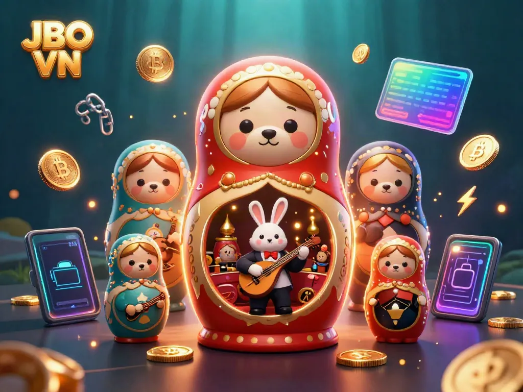 Engage with JBO VN, featuring a vibrant 3D scene with a bear dealer and crypto elements.