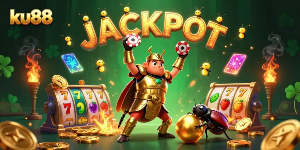 ku88 hercules beetle celebrates jackpot victory in a vibrant casino scene filled with slot reels and coins.