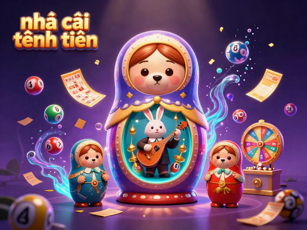 Experience nhà cái tặng tiền with a vibrant casino scene featuring colorful lottery balls and a charmed Matryoshka bear