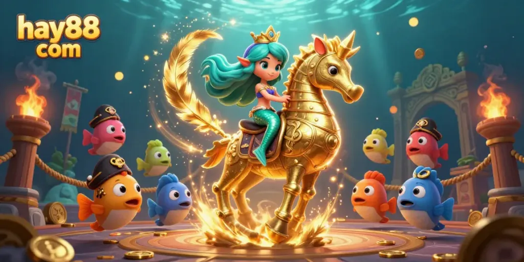 Engage with hay88 com's thrilling underwater casino adventure featuring a mermaid and seahorse amidst gold coins.