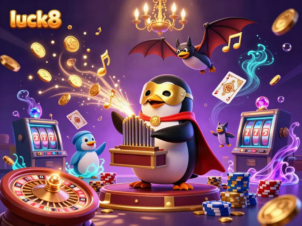 Experience winning moments at luck8 with a vibrant casino scene filled with animated characters and elements.