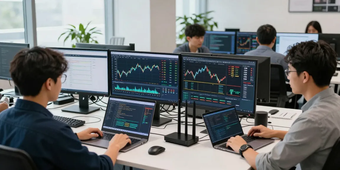 Dynamic forex trading team analyzing forex real-time quote API data in a modern office.
