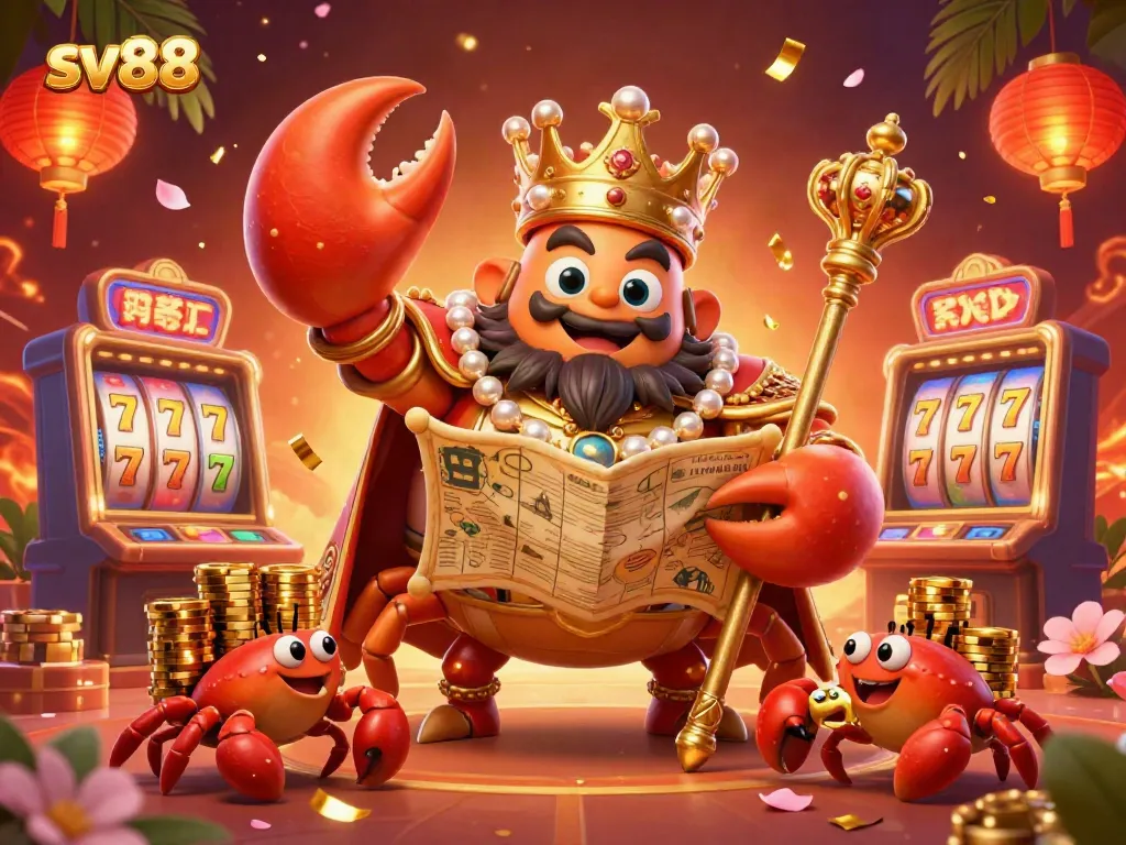 Experience the thrill of sv88 casino with a golden crab emperor surrounded by slot machines and festive decorations.