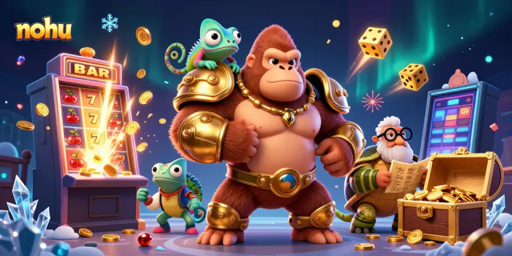 Nohu casino scene with a gorilla king, chameleon, and tortoise amidst dynamic slot machine and jackpot elements