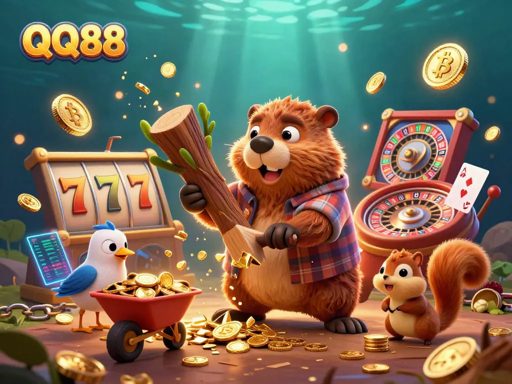 Experience thrilling gaming at QQ88 with a vibrant 3D illustration showcasing a lucky beaver chopping a tree raining gold coins.
