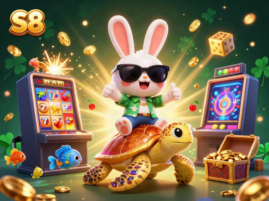 Experience the thrill of S8 with a 3D scene showcasing a lucky rabbit and golden turtle amidst slots and vibrant casino elements.