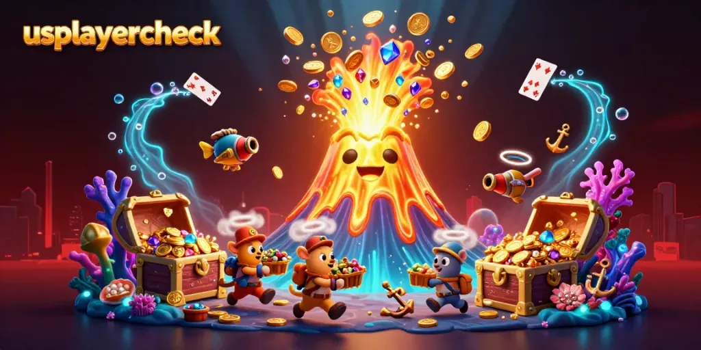 Engage with usplayercheck's vibrant casino adventure featuring a golden volcano erupting treasures and winning chances.