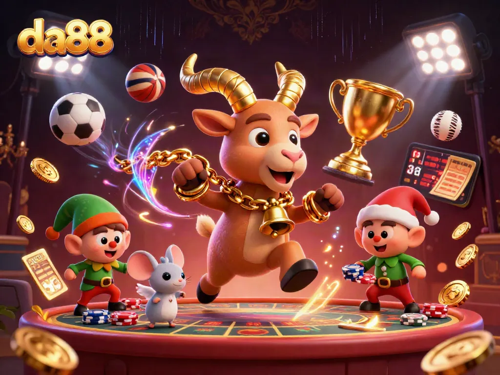 Experience thrilling action at da88 casino with a playful Krampus goat and mischievous elves in a festive casino scene.