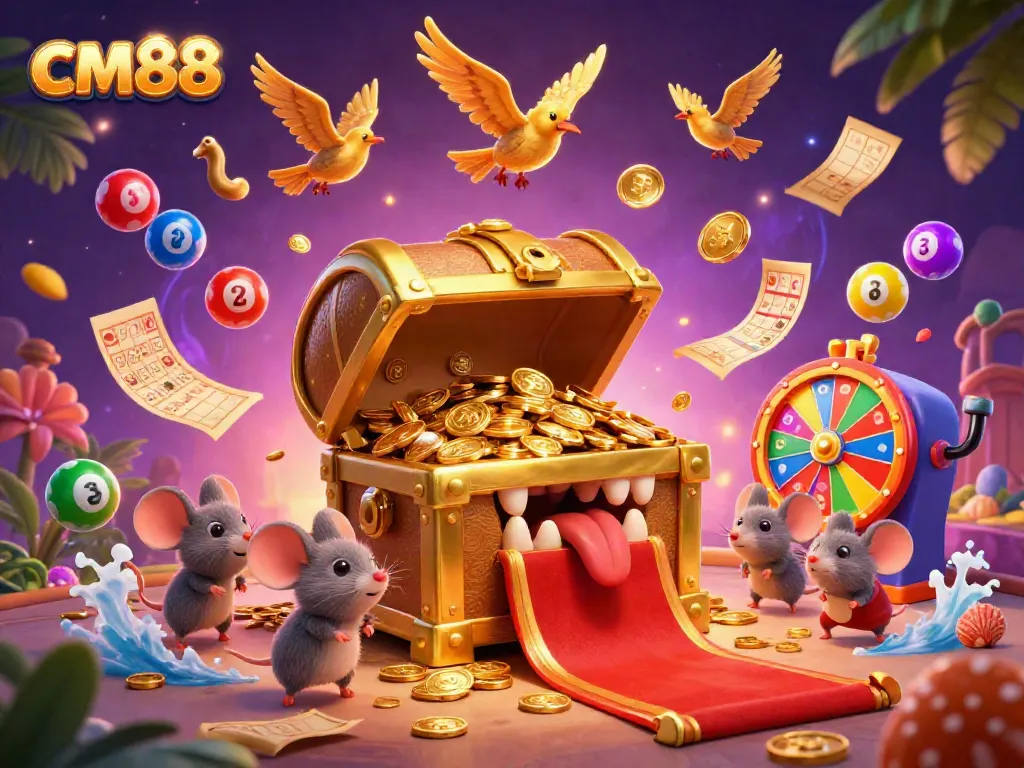 Engage in thrilling cm88 action with a lively scene of a treasure chest mimic enticing adventurer mice amidst casino elements.