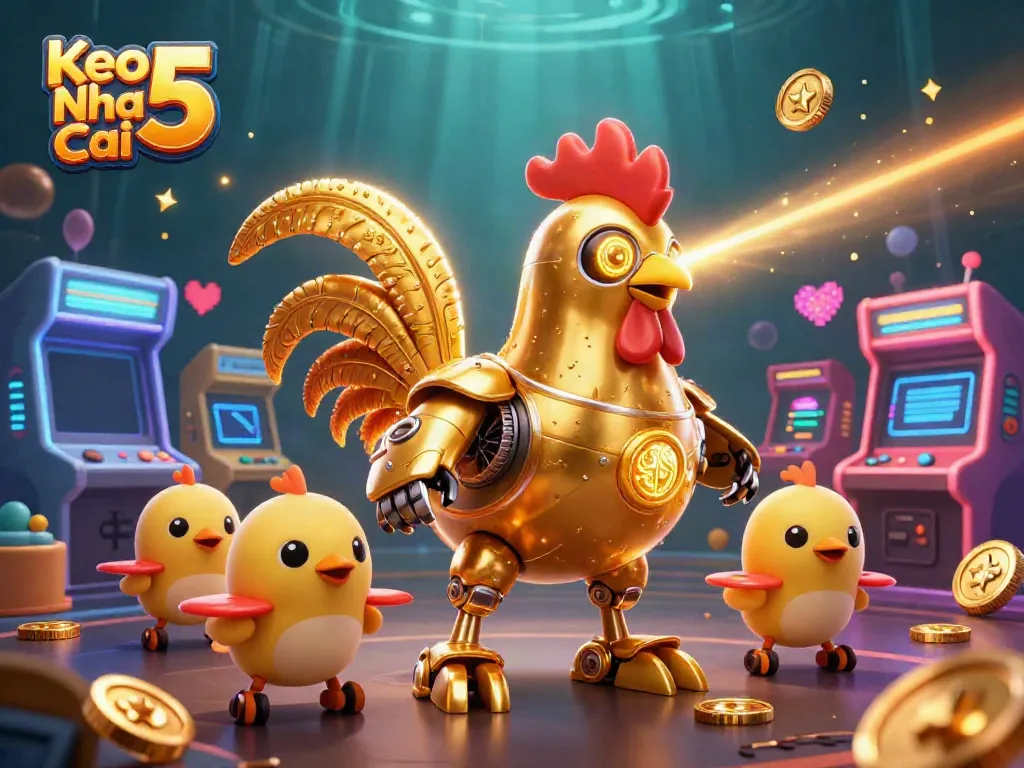 Engage in the thrill of Keo Nha Cai 5 with a vibrant illustration of a golden rooster robot and baby chick drones amid gaming elements.