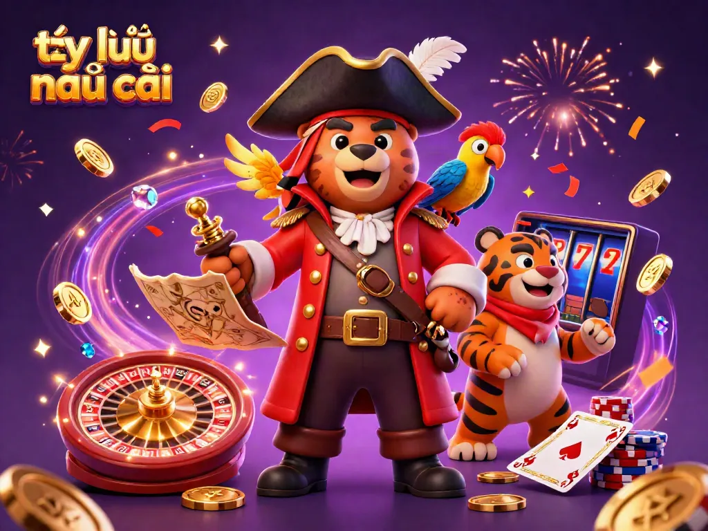Engage with tỷ lệ nhà cái at this vibrant casino scene featuring a pirate bear and tiger!