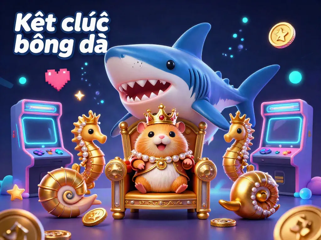 Kết quả bóng đá displayed on a vibrant 3D casino scene with a hamster king and seahorse guards.