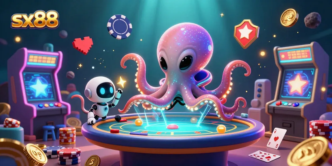 SX88 alien octopus deals cards while playing poker at a holographic table, showcasing impressive game elements.