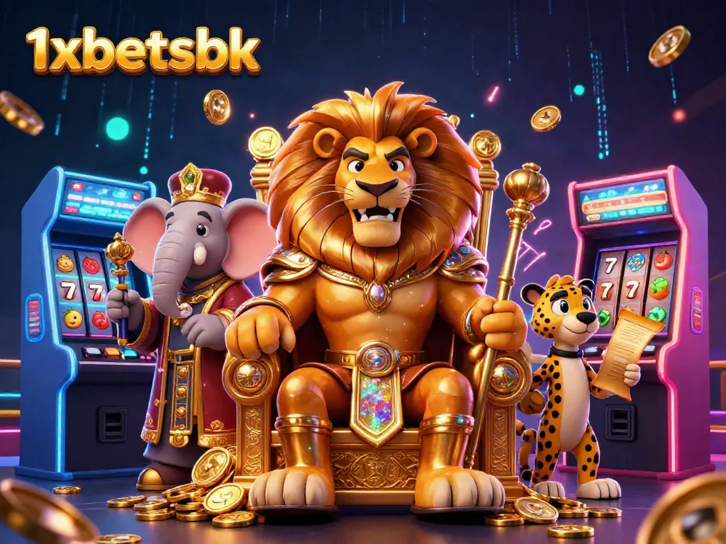 Engage in thrilling play with the 1xbetsbk lion king at a casino-themed gaming scene.