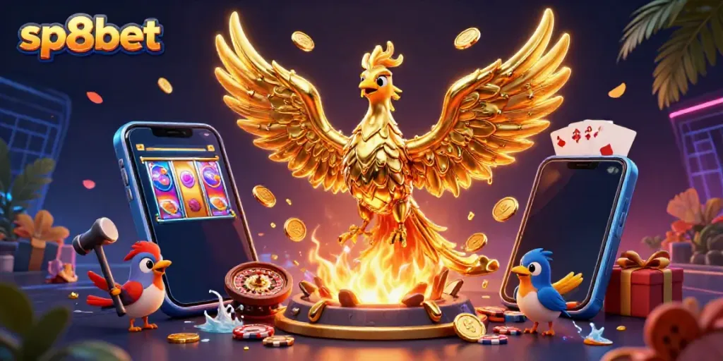 Sp8bet engaging players with a golden phoenix and vibrant casino elements in a dynamic 3D scene.
