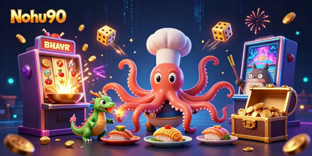 Experience Nohu90's exciting slots with a vibrant scene of an octopus chef, dragon, and tanuki in a bustling casino atmosphere.