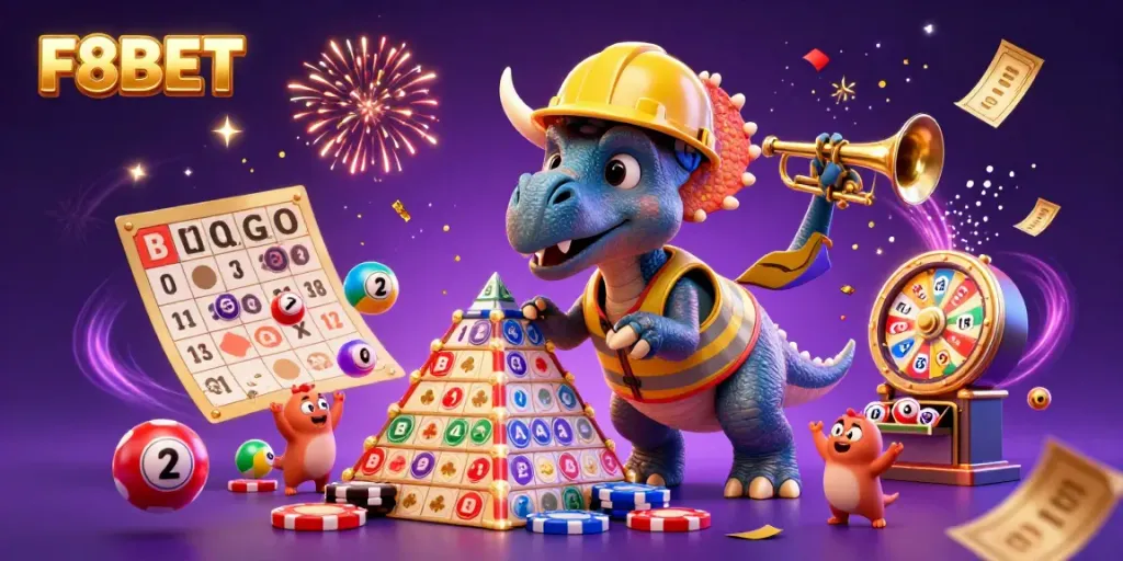 Celebrate gaming with F8BET through vibrant 3D illustration featuring cheerful characters and dynamic elements.