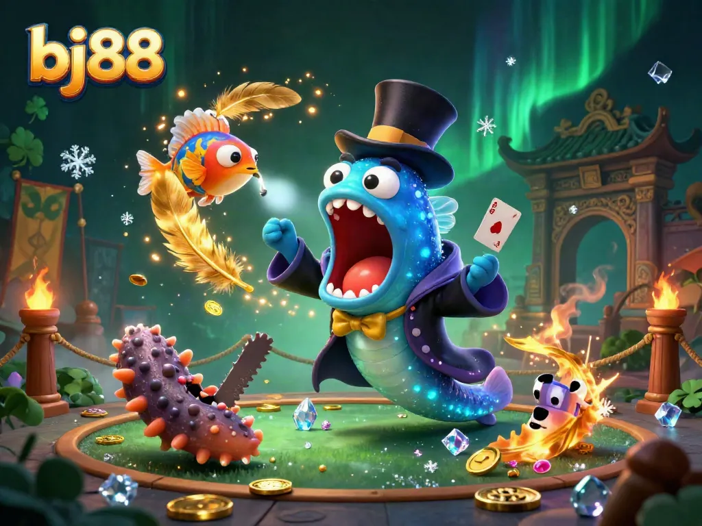 Experience the excitement of bj88 with a vibrant 3D scene featuring deep-sea creatures showcasing magical card tricks.