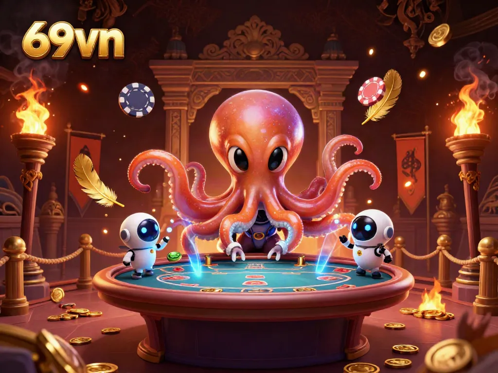 Experience thrilling gameplay at 69vn with a captivating alien octopus operating a poker table amid vibrant cosmic elements.