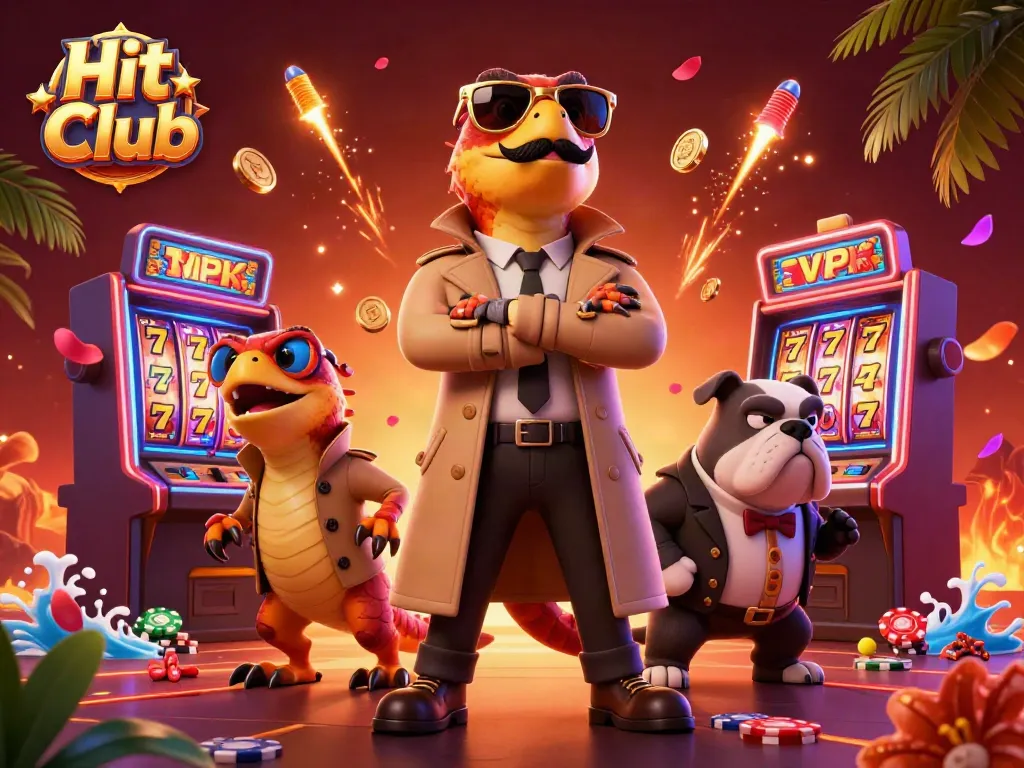 Hit Club raptors humorously attempt casino entry with slot games and vibrant decor.
