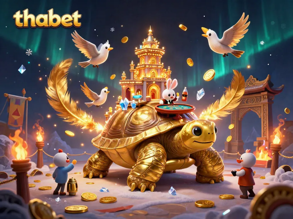 Experience the vibrant world of thabet casino with golden tortoise and dealer illustration.