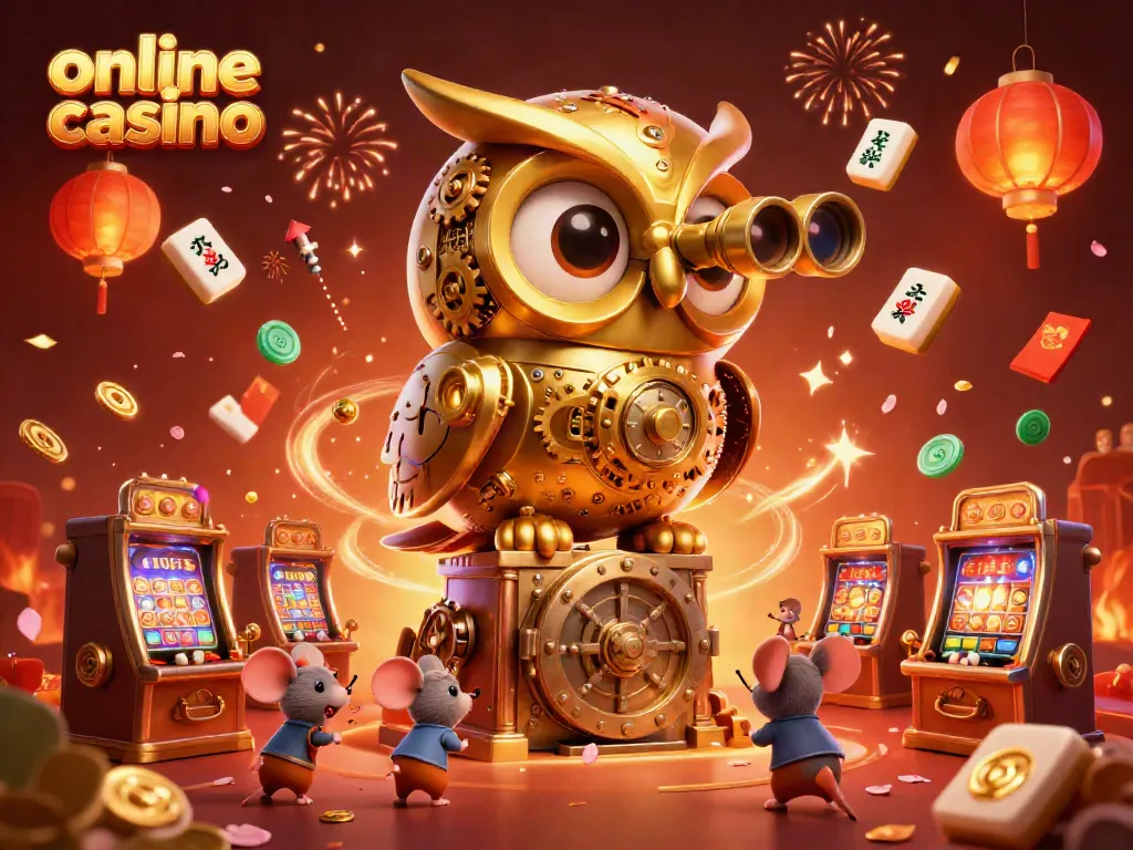 Animated scene showcasing an online casino theme with a whimsical owl and vibrant gaming elements.