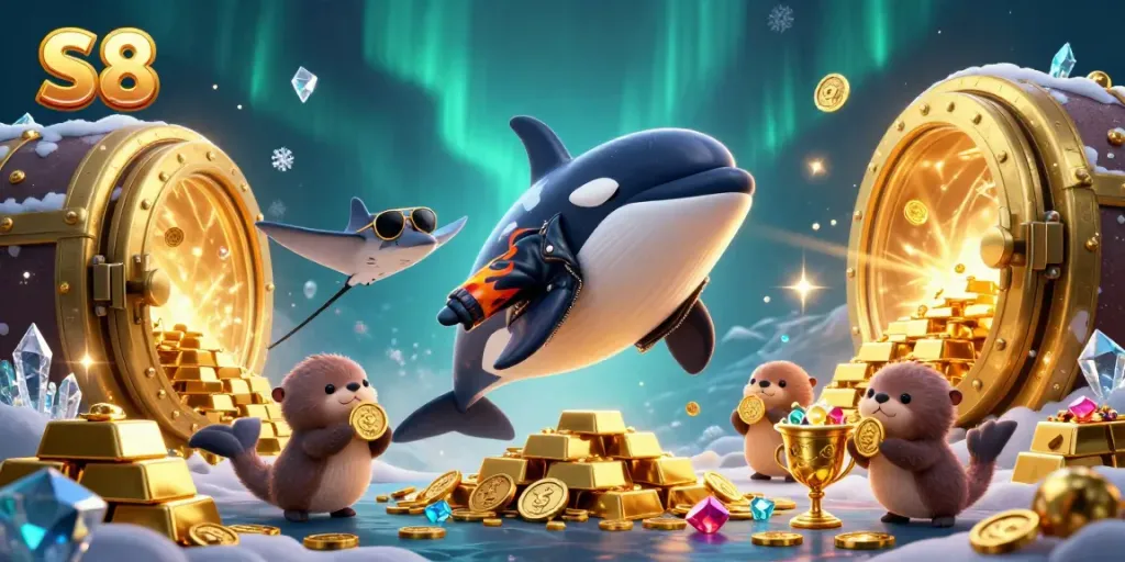 Experience thrilling gameplay with S8 in this colorful underwater casino scene filled with treasures.