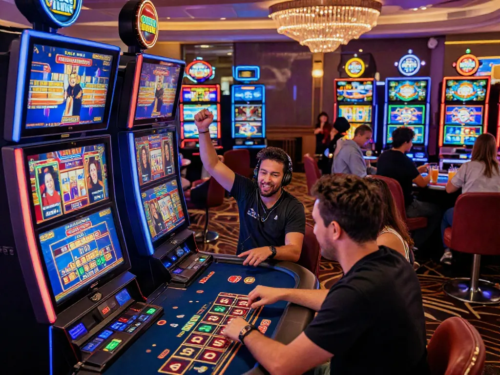 Exciting Casino En Ligne atmosphere with players celebrating wins at digital slot machines.