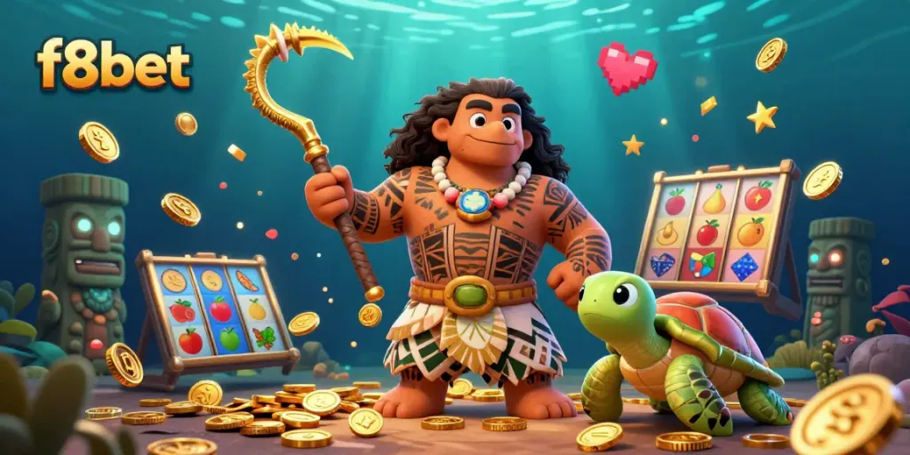 Win big with f8bet as the demigod hawk and turtle navigate a vibrant casino world filled with coins and slot reels.